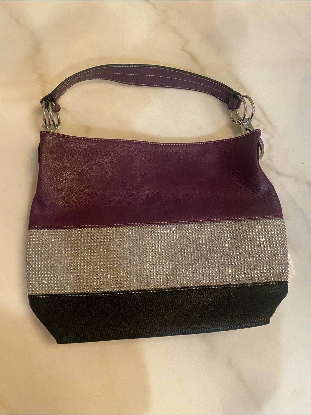 Purple and Black Women’s Shoulder Bag with Rhinestone Accent